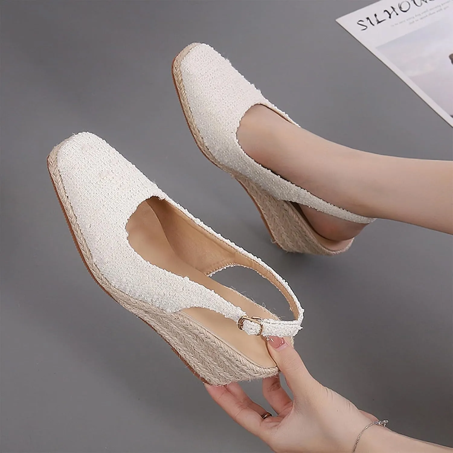 Crepuscute Women's Flax Closed-Toe Espadrille Wedge Sandals with Adjustable Ankle Strap Summer Outdoor Party Comfortable Causal Shoes