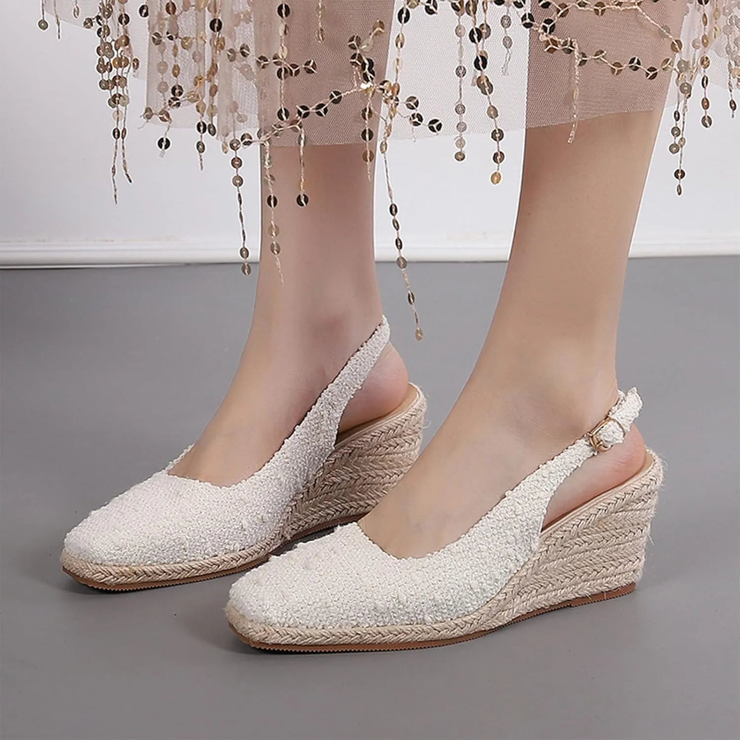 Crepuscute Women's Flax Closed-Toe Espadrille Wedge Sandals with Adjustable Ankle Strap Summer Outdoor Party Comfortable Causal Shoes