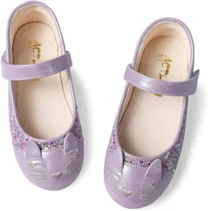Cute Cat Dress Shoes for Toddler Girls, Flower Girls Mary Jane Shoes Glitter Princess Ballet Flats for School Party Wedding