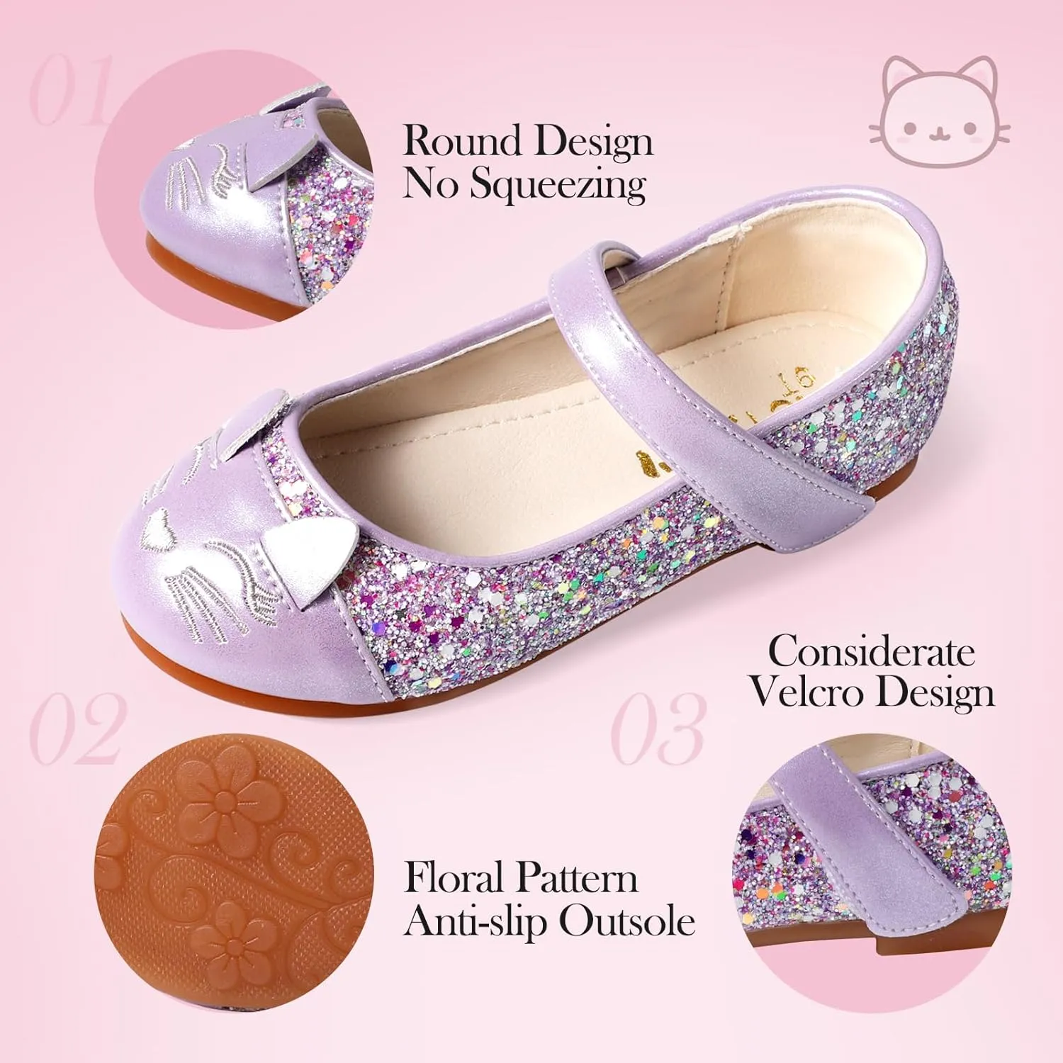 Cute Cat Dress Shoes for Toddler Girls, Flower Girls Mary Jane Shoes Glitter Princess Ballet Flats for School Party Wedding