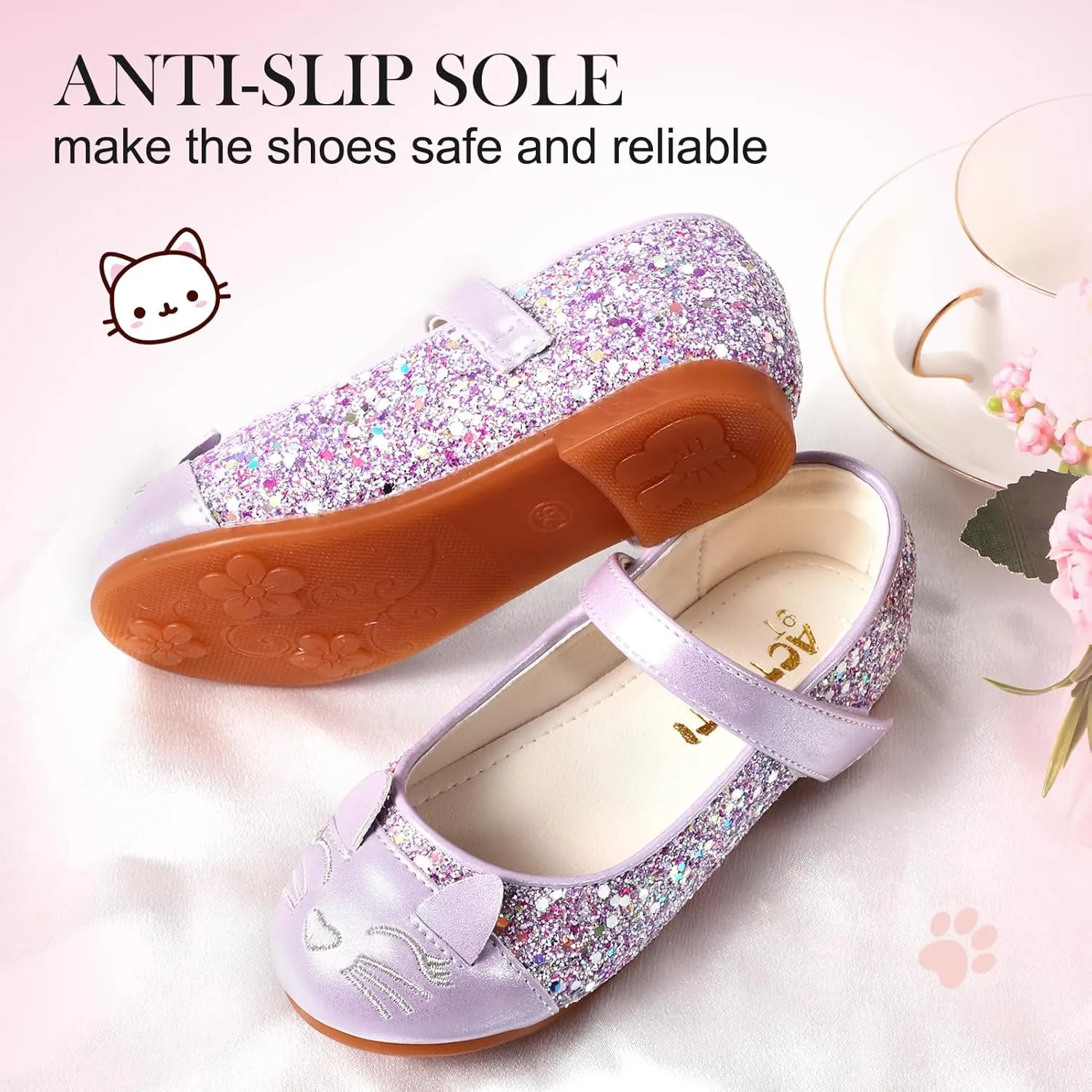 Cute Cat Dress Shoes for Toddler Girls, Flower Girls Mary Jane Shoes Glitter Princess Ballet Flats for School Party Wedding