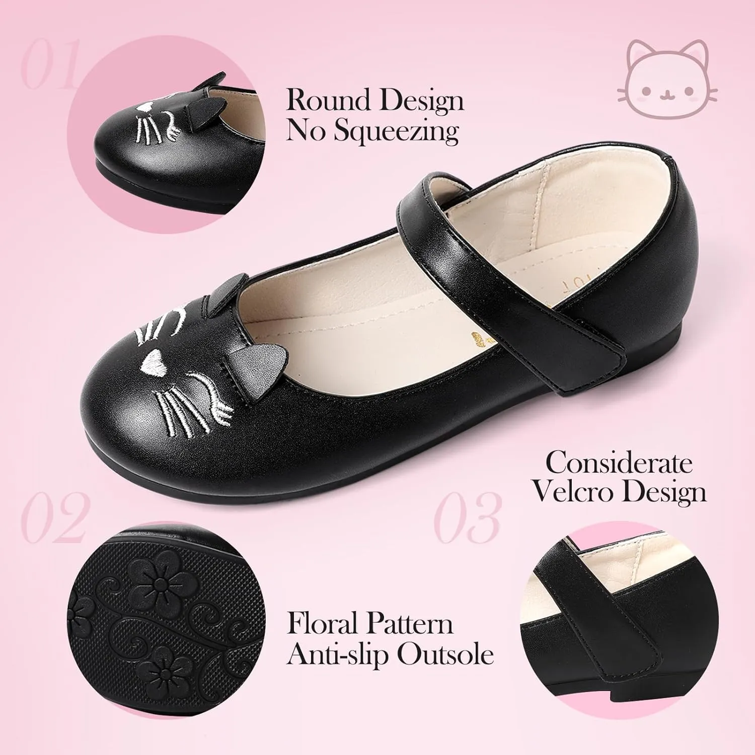 Cute Cat Dress Shoes for Toddler Girls, Flower Girls Mary Jane Shoes Glitter Princess Ballet Flats for School Party Wedding