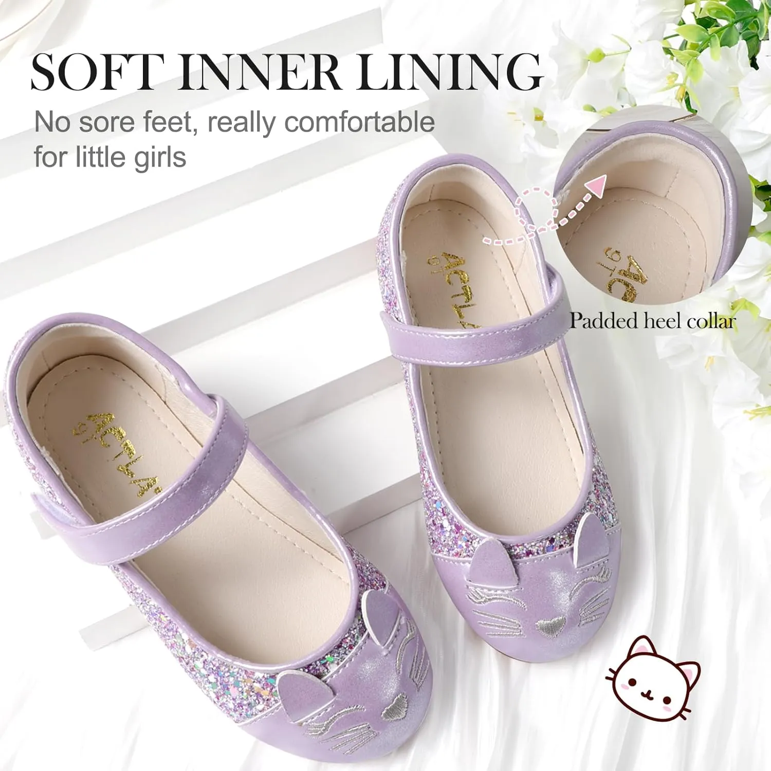 Cute Cat Dress Shoes for Toddler Girls, Flower Girls Mary Jane Shoes Glitter Princess Ballet Flats for School Party Wedding