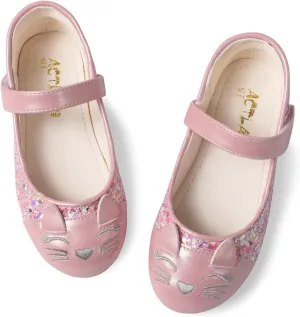 Cute Cat Dress Shoes for Toddler Girls, Flower Girls Mary Jane Shoes Glitter Princess Ballet Flats for School Party Wedding