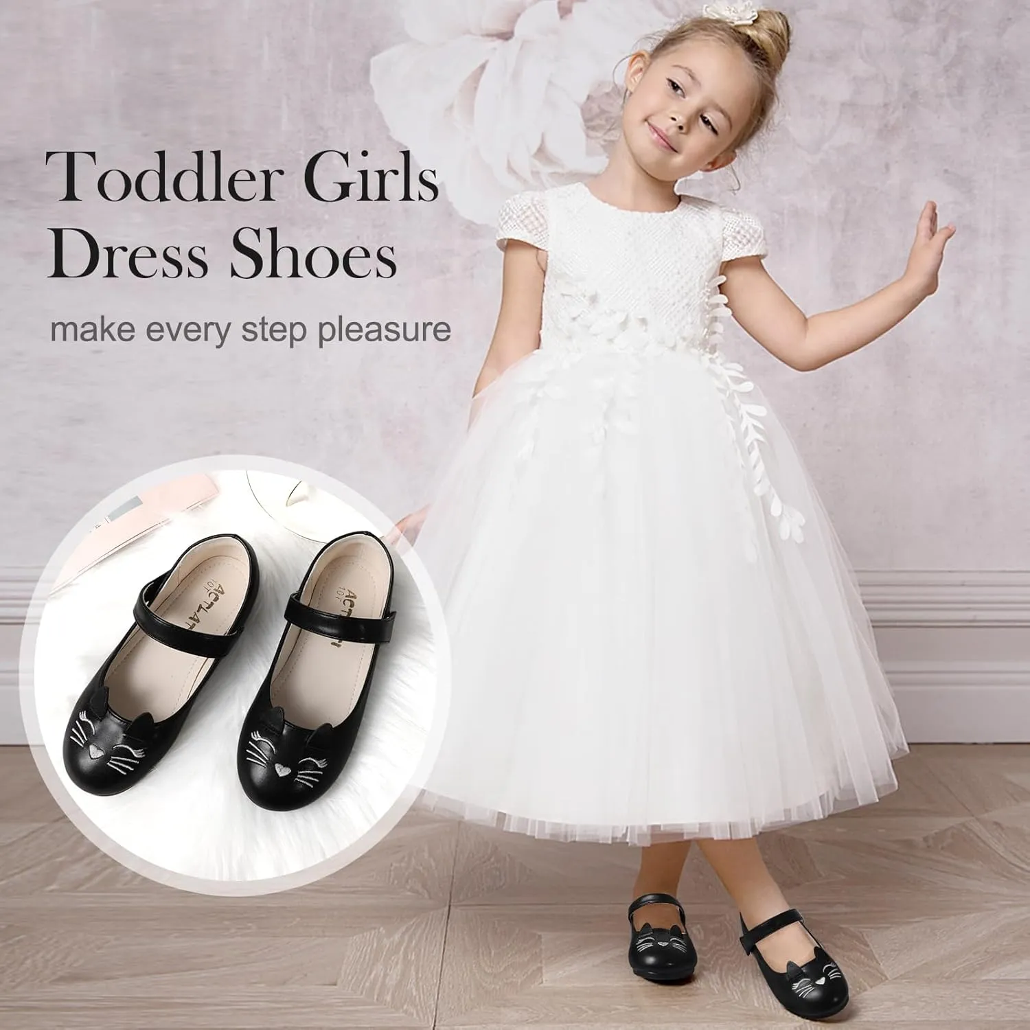 Cute Cat Dress Shoes for Toddler Girls, Flower Girls Mary Jane Shoes Glitter Princess Ballet Flats for School Party Wedding