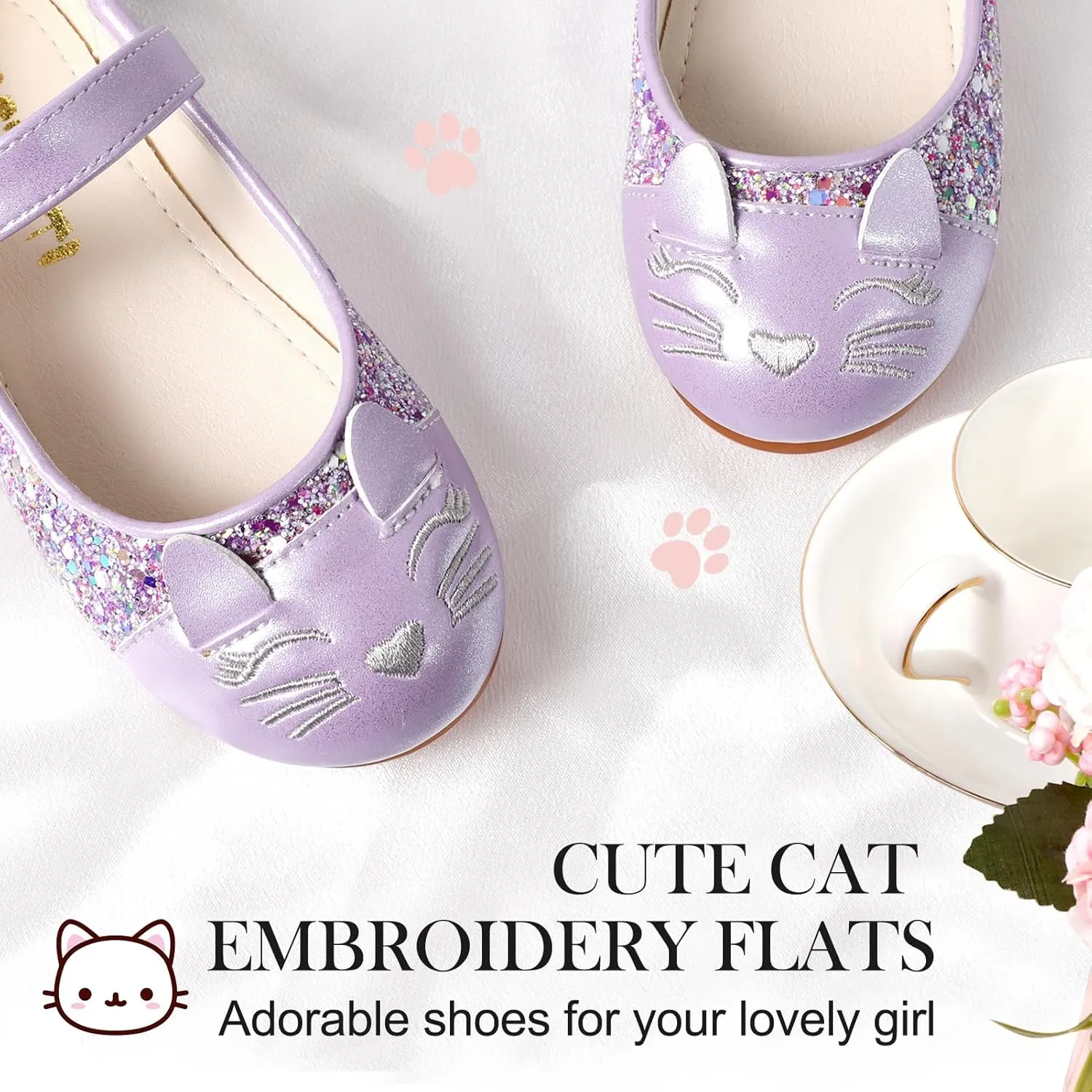 Cute Cat Dress Shoes for Toddler Girls, Flower Girls Mary Jane Shoes Glitter Princess Ballet Flats for School Party Wedding