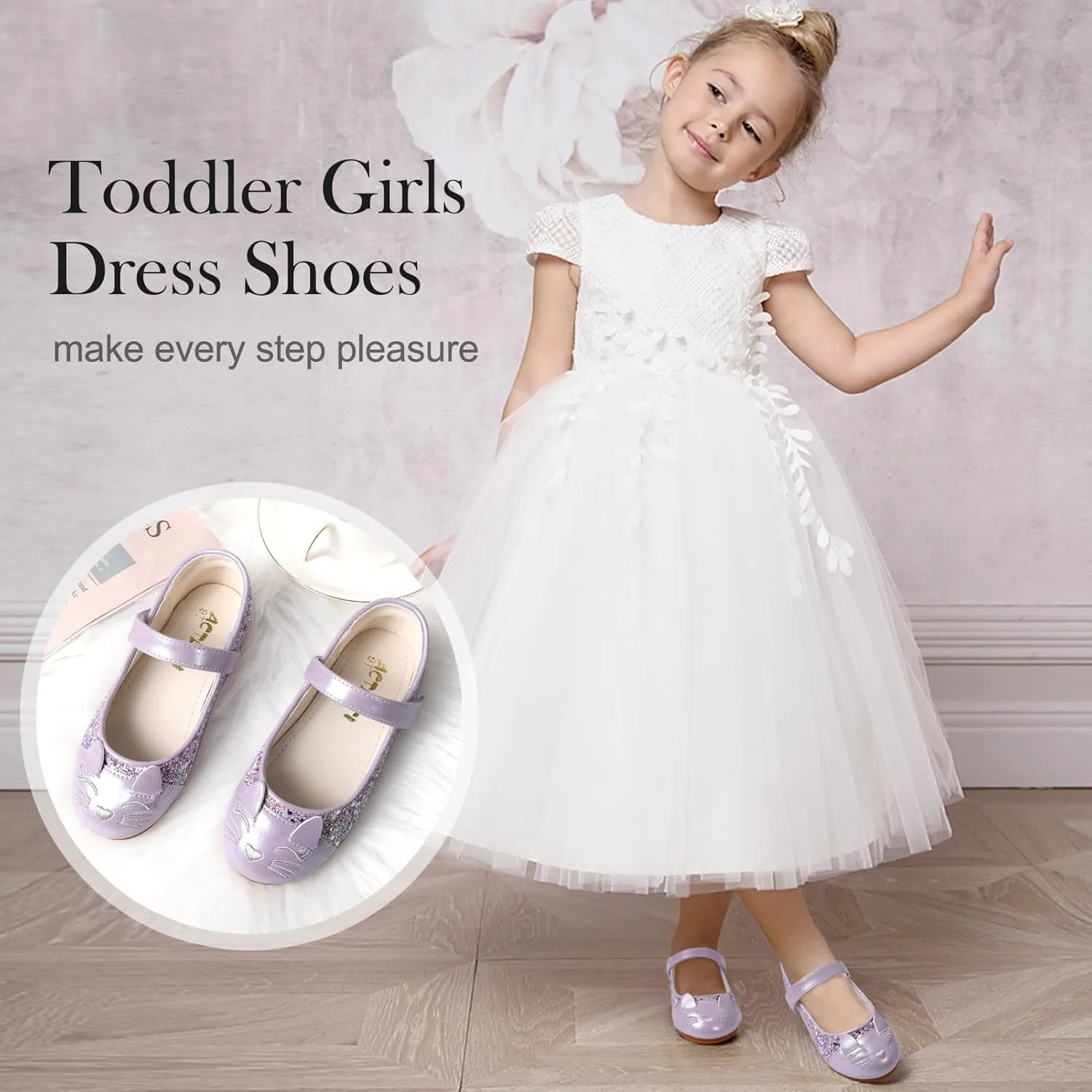 Cute Cat Dress Shoes for Toddler Girls, Flower Girls Mary Jane Shoes Glitter Princess Ballet Flats for School Party Wedding