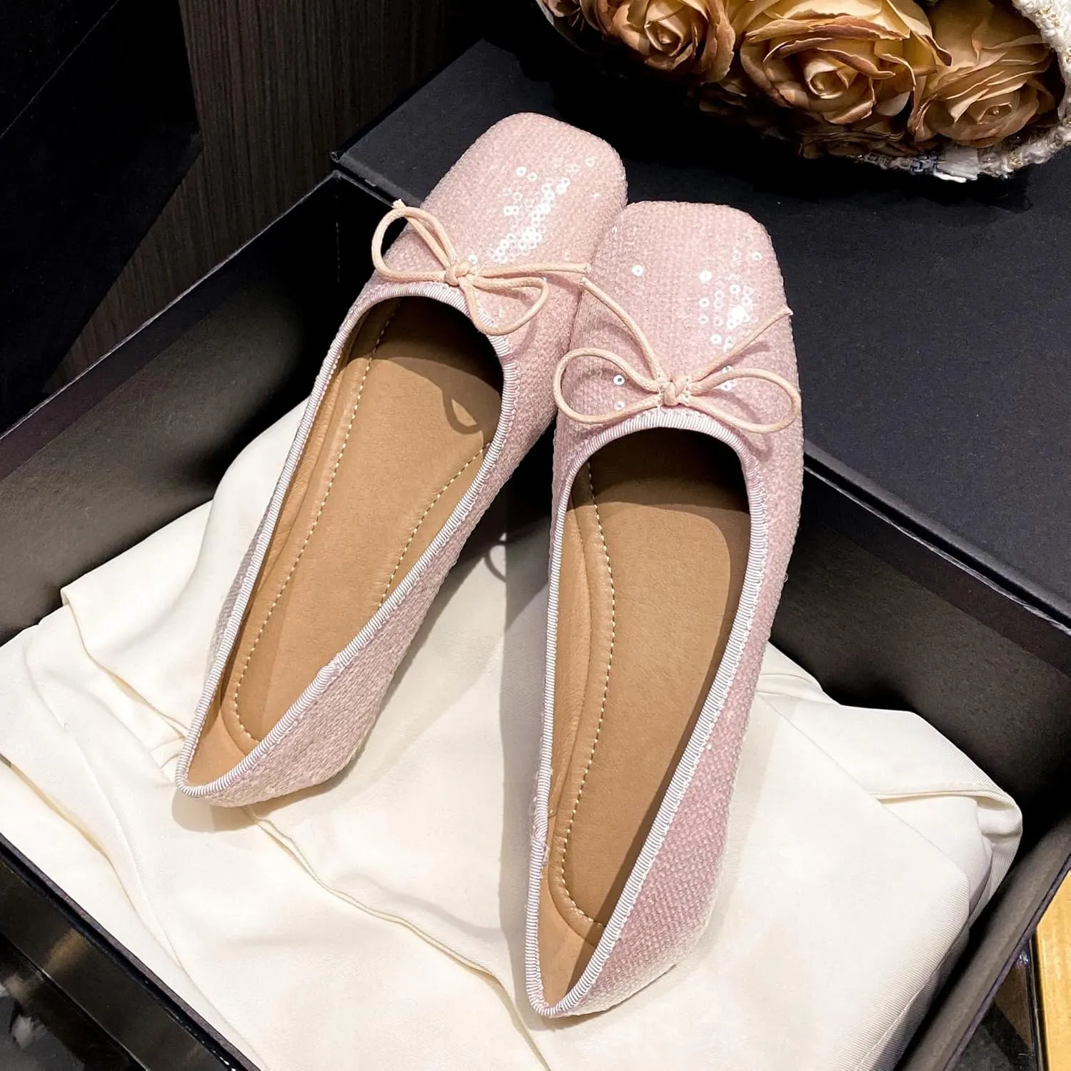 Dear Time Women's Sequin Flats Glitter Shoes Bow Dance Ballets Party Sparkly Flat Dress Shoes
