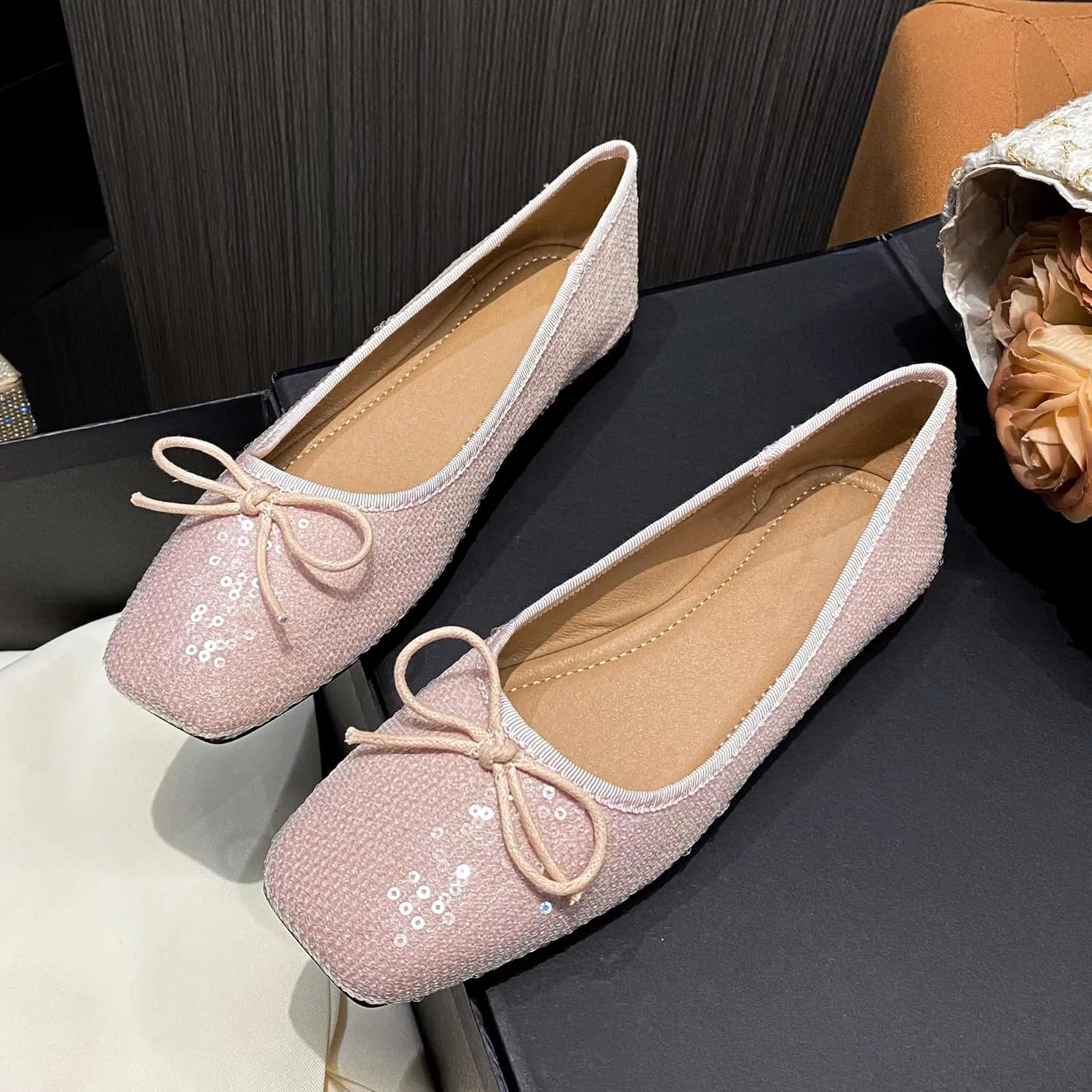 Dear Time Women's Sequin Flats Glitter Shoes Bow Dance Ballets Party Sparkly Flat Dress Shoes