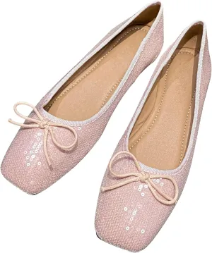 Dear Time Women's Sequin Flats Glitter Shoes Bow Dance Ballets Party Sparkly Flat Dress Shoes