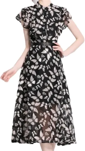 Dndrdhfb Women Chiffon Resort Dress Long Printed Layered A-Line Maxi Dress