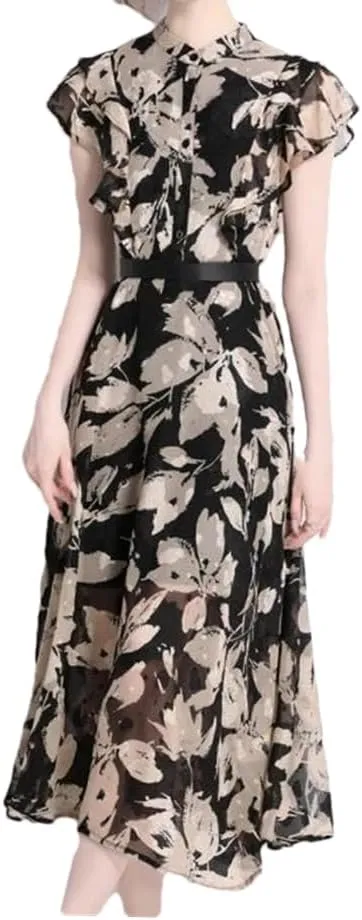 Dndrdhfb Women Chiffon Resort Dress Long Printed Layered A-Line Maxi Dress