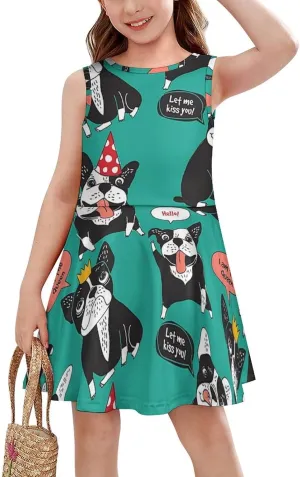 Dog French Bulldog Happy AnimalsGirls Summer Casual Sleeveless Dress140CM