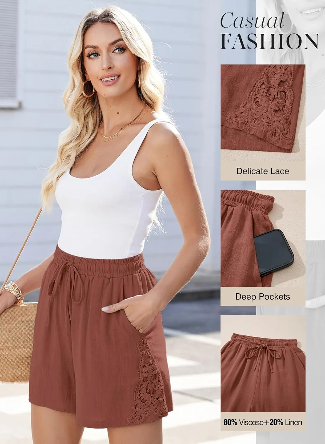 Dokotoo Women's Shorts Casual Flowy High Waisted Comfy Summer Elastic Drawstring Boho Dressy Pockets