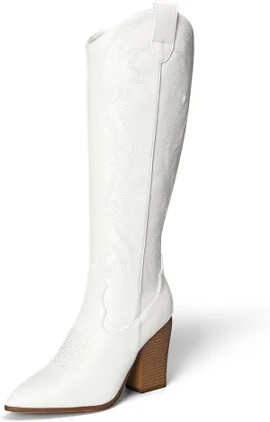 DREAM PAIRS Cowboy Boots For Women, Comfortable Pull On Zipper Chunky Heel Pointed Toe Embroidered Western Cowgirl Knee High Boots