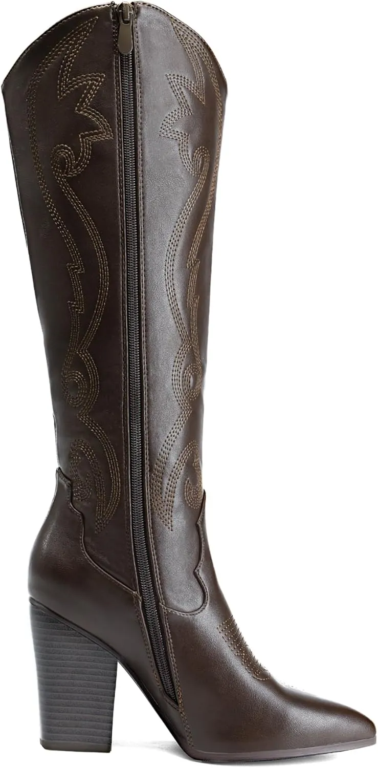 DREAM PAIRS Cowboy Boots For Women, Comfortable Pull On Zipper Chunky Heel Pointed Toe Embroidered Western Cowgirl Knee High Boots