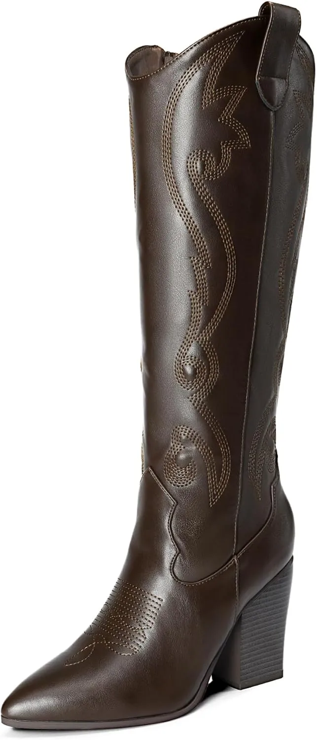 DREAM PAIRS Cowboy Boots For Women, Comfortable Pull On Zipper Chunky Heel Pointed Toe Embroidered Western Cowgirl Knee High Boots