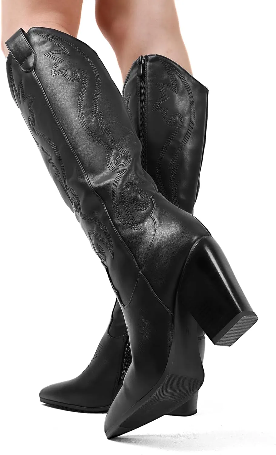 DREAM PAIRS Cowboy Boots For Women, Comfortable Pull On Zipper Chunky Heel Pointed Toe Embroidered Western Cowgirl Knee High Boots