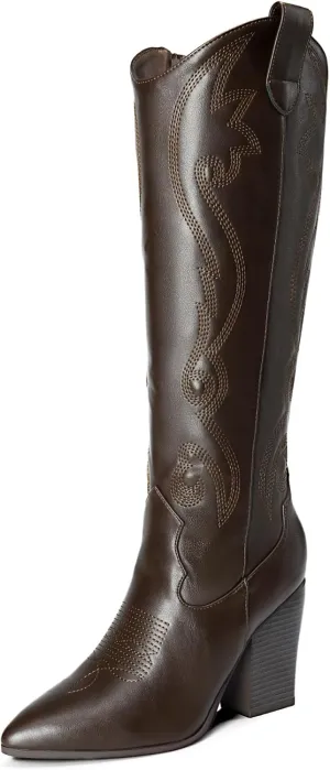 DREAM PAIRS Cowboy Boots For Women, Comfortable Pull On Zipper Chunky Heel Pointed Toe Embroidered Western Cowgirl Knee High Boots