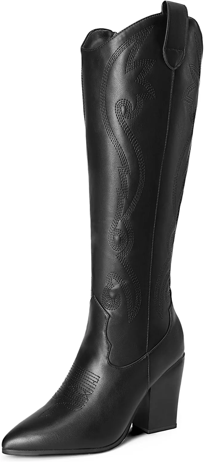 DREAM PAIRS Cowboy Boots For Women, Comfortable Pull On Zipper Chunky Heel Pointed Toe Embroidered Western Cowgirl Knee High Boots