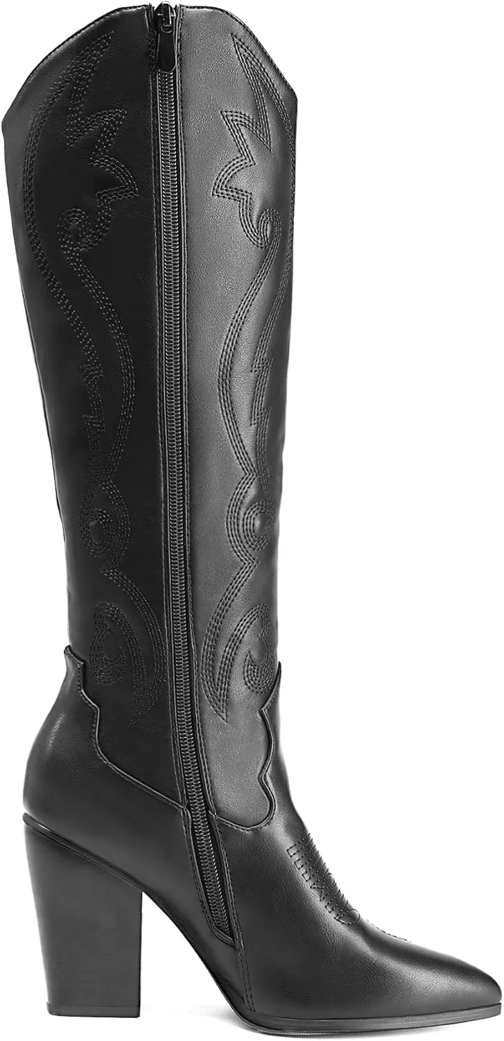DREAM PAIRS Cowboy Boots For Women, Comfortable Pull On Zipper Chunky Heel Pointed Toe Embroidered Western Cowgirl Knee High Boots