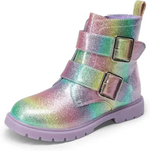 DREAM PAIRS Girls Boys Glitter Ankle Boots Side Zipper Combat Shoes with Buckles Toddler/Little Kid/Big Kid