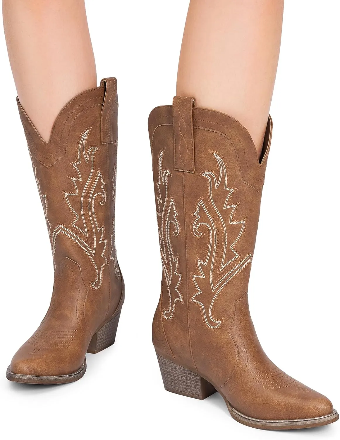 DREAM PAIRS Women's Cowboy Cowgirl Boots Embroidered Pointed Toe Low Heel Western Mid Calf Boot for Theme Party Country Concert