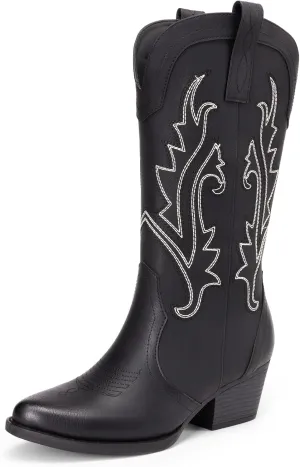DREAM PAIRS Women's Cowboy Cowgirl Boots Embroidered Pointed Toe Low Heel Western Mid Calf Boot for Theme Party Country Concert