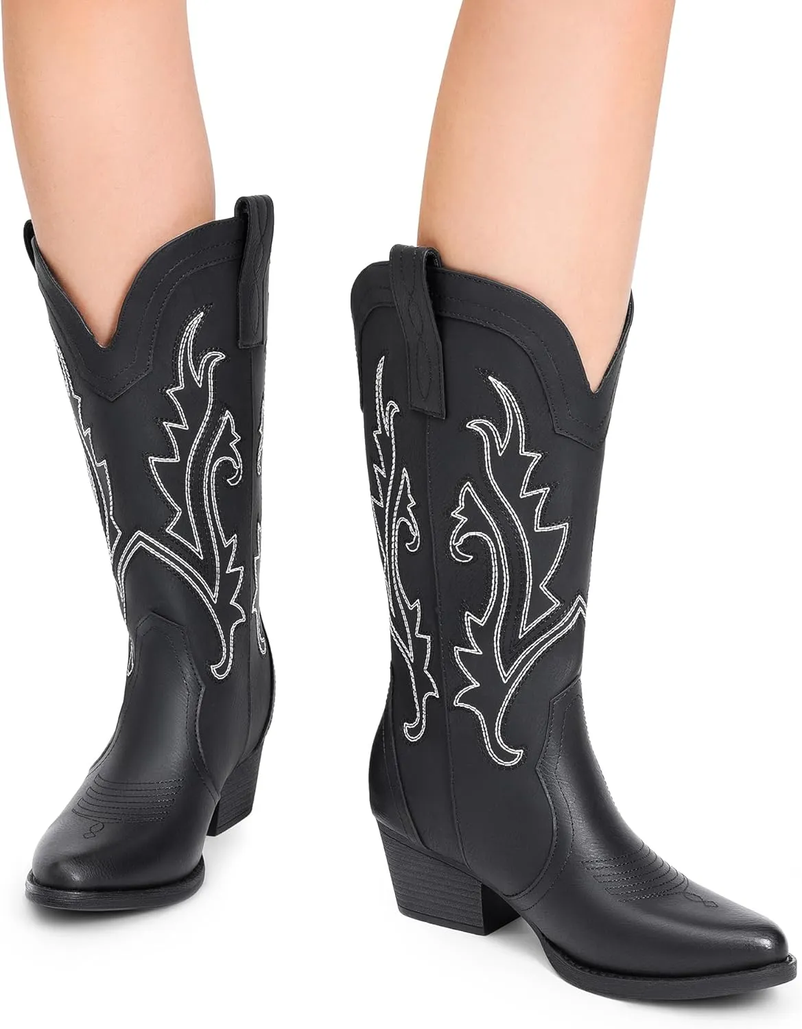 DREAM PAIRS Women's Cowboy Cowgirl Boots Embroidered Pointed Toe Low Heel Western Mid Calf Boot for Theme Party Country Concert