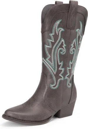 DREAM PAIRS Women's Cowboy Cowgirl Boots Embroidered Pointed Toe Low Heel Western Mid Calf Boot for Theme Party Country Concert