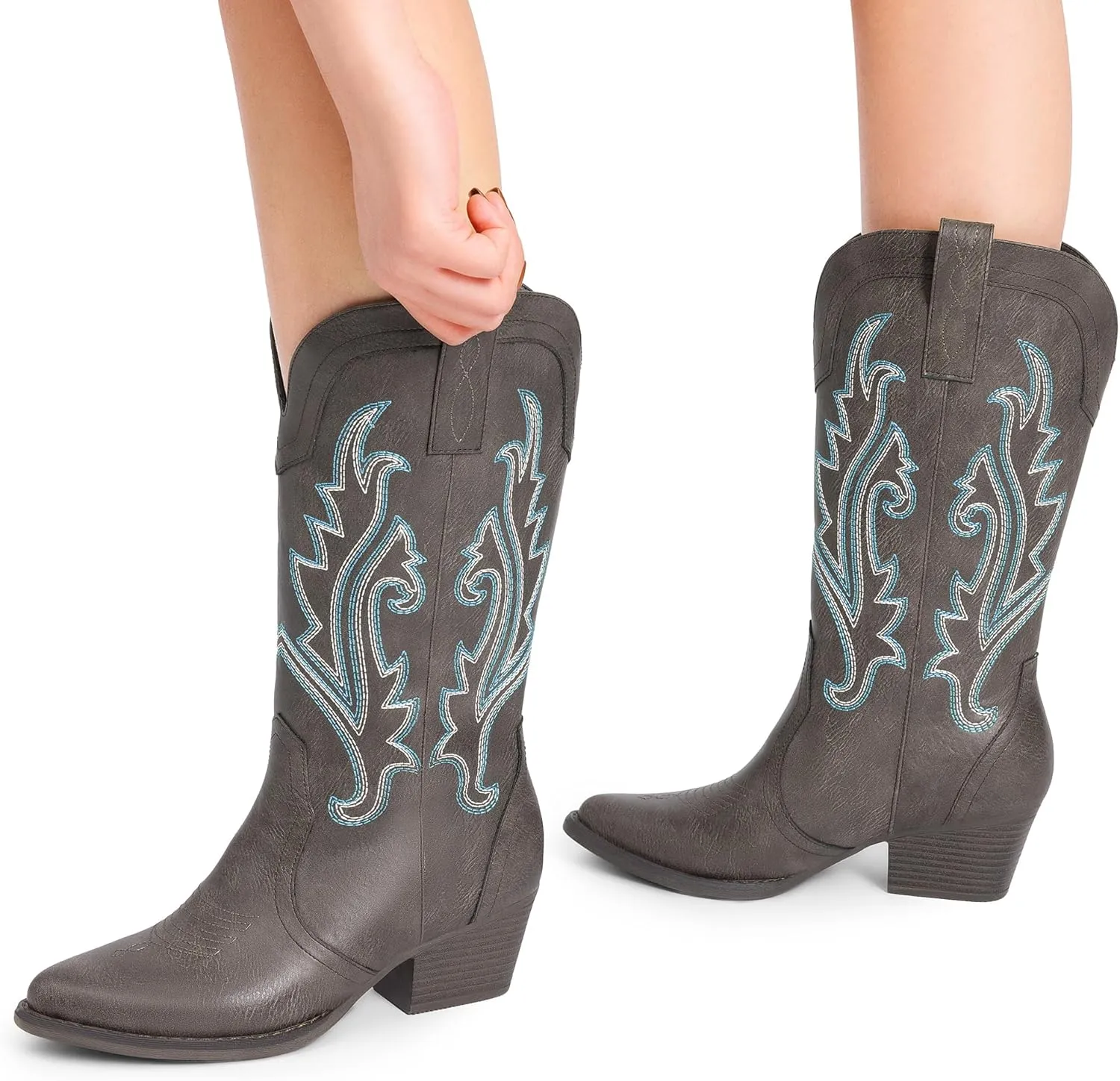 DREAM PAIRS Women's Cowboy Cowgirl Boots Embroidered Pointed Toe Low Heel Western Mid Calf Boot for Theme Party Country Concert