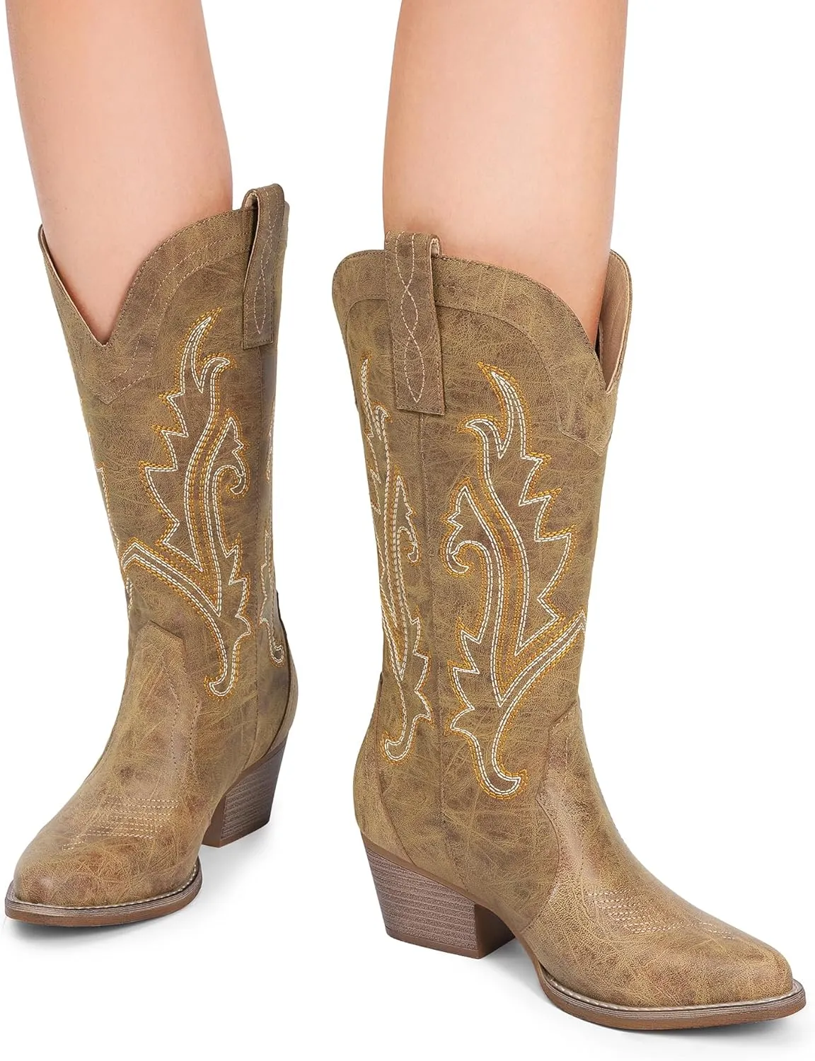 DREAM PAIRS Women's Cowboy Cowgirl Boots Embroidered Pointed Toe Low Heel Western Mid Calf Boot for Theme Party Country Concert