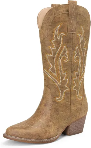 DREAM PAIRS Women's Cowboy Cowgirl Boots Embroidered Pointed Toe Low Heel Western Mid Calf Boot for Theme Party Country Concert