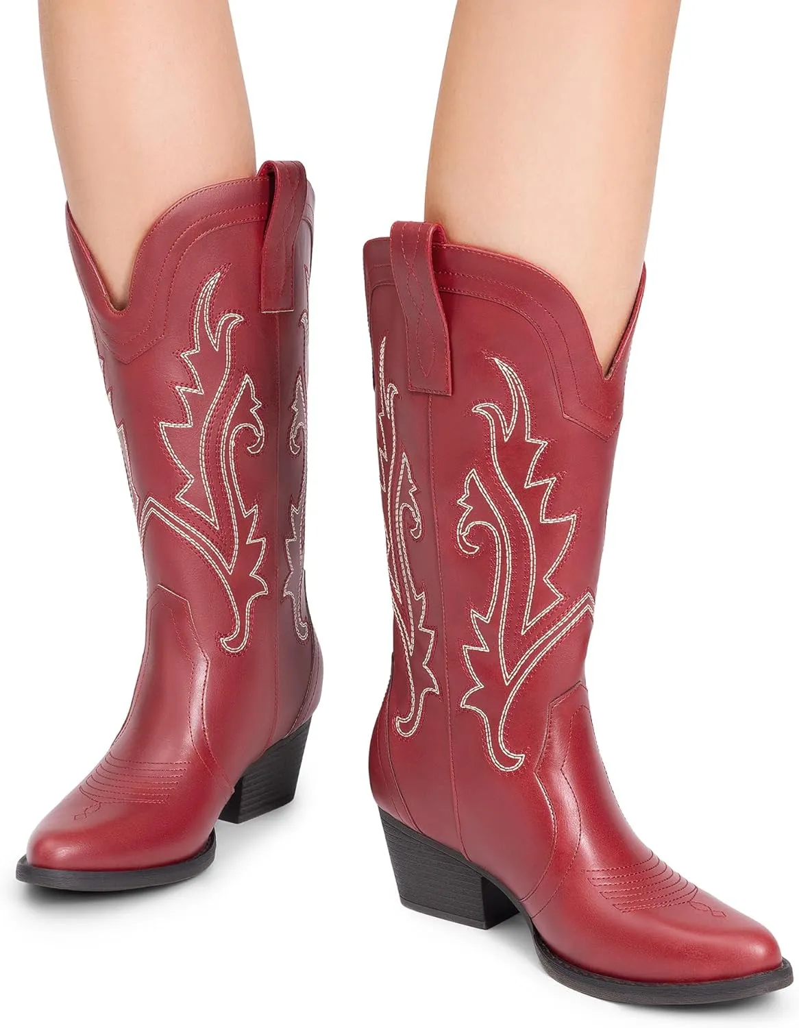 DREAM PAIRS Women's Cowboy Cowgirl Boots Embroidered Pointed Toe Low Heel Western Mid Calf Boot for Theme Party Country Concert