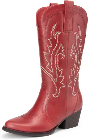 DREAM PAIRS Women's Cowboy Cowgirl Boots Embroidered Pointed Toe Low Heel Western Mid Calf Boot for Theme Party Country Concert