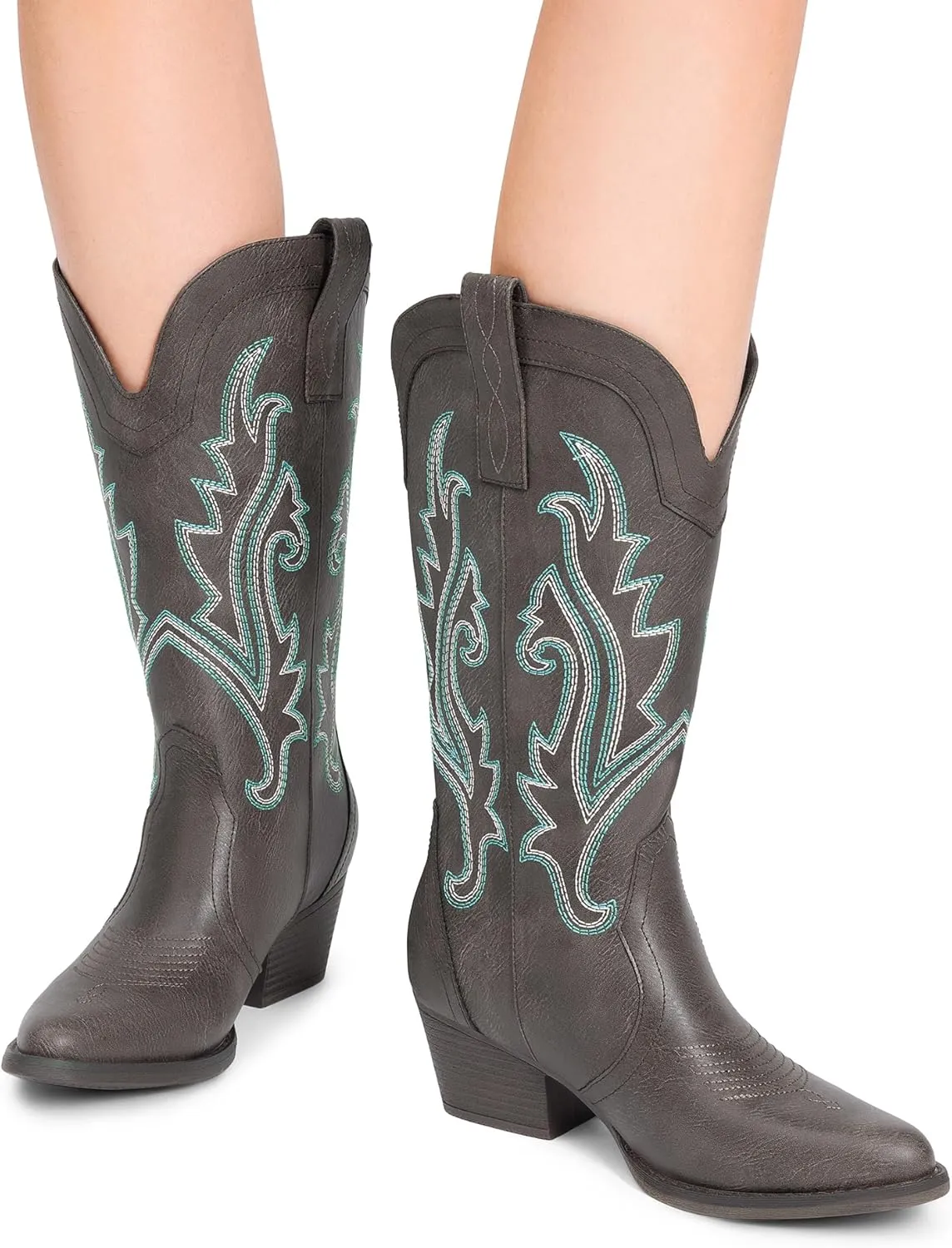 DREAM PAIRS Women's Cowboy Cowgirl Boots Embroidered Pointed Toe Low Heel Western Mid Calf Boot for Theme Party Country Concert