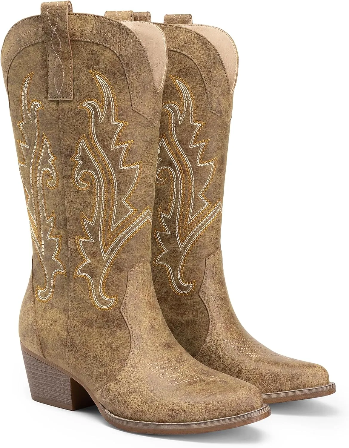 DREAM PAIRS Women's Cowboy Cowgirl Boots Embroidered Pointed Toe Low Heel Western Mid Calf Boot for Theme Party Country Concert