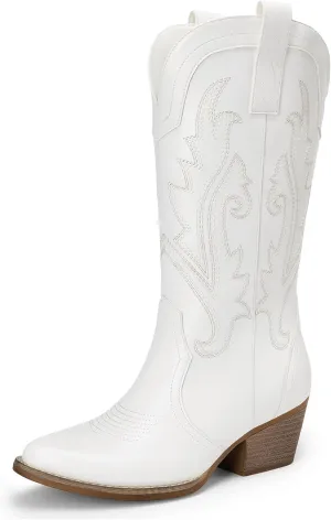 DREAM PAIRS Women's Cowboy Cowgirl Boots Embroidered Pointed Toe Low Heel Western Mid Calf Boot for Theme Party Country Concert