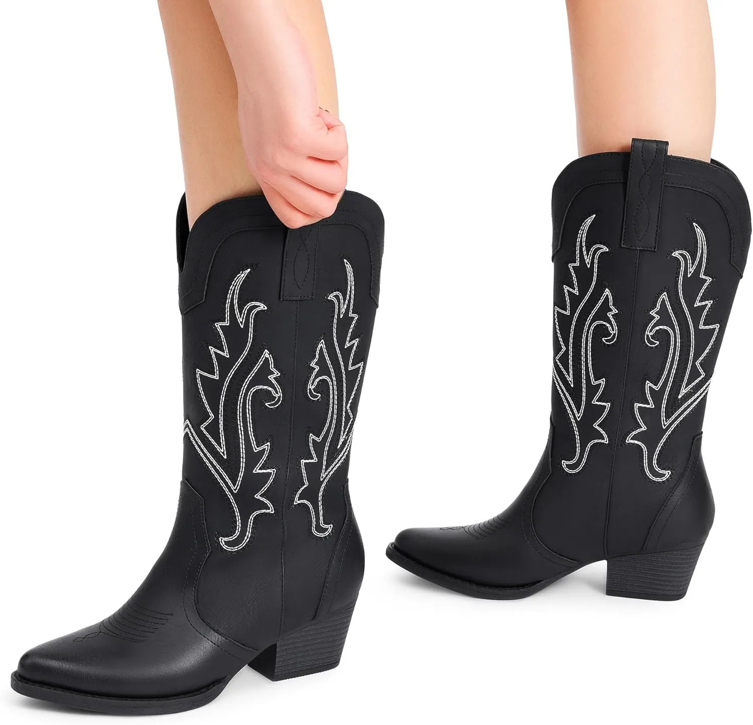 DREAM PAIRS Women's Cowboy Cowgirl Boots Embroidered Pointed Toe Low Heel Western Mid Calf Boot for Theme Party Country Concert