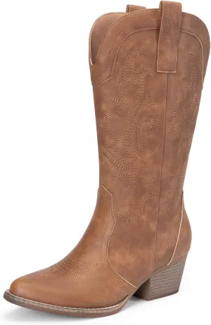 DREAM PAIRS Women's Cowboy Cowgirl Boots Embroidered Pointed Toe Low Heel Western Mid Calf Boot for Theme Party Country Concert