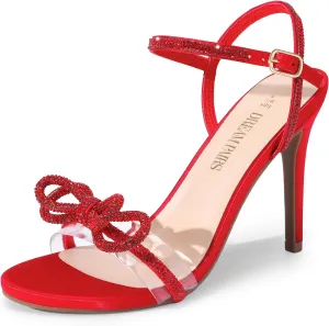 DREAM PAIRS Women's Heels Round Toe Rhinestone Double Bowknots Sparkly Stilettos Heeled Sandals Shoes for Party Evening