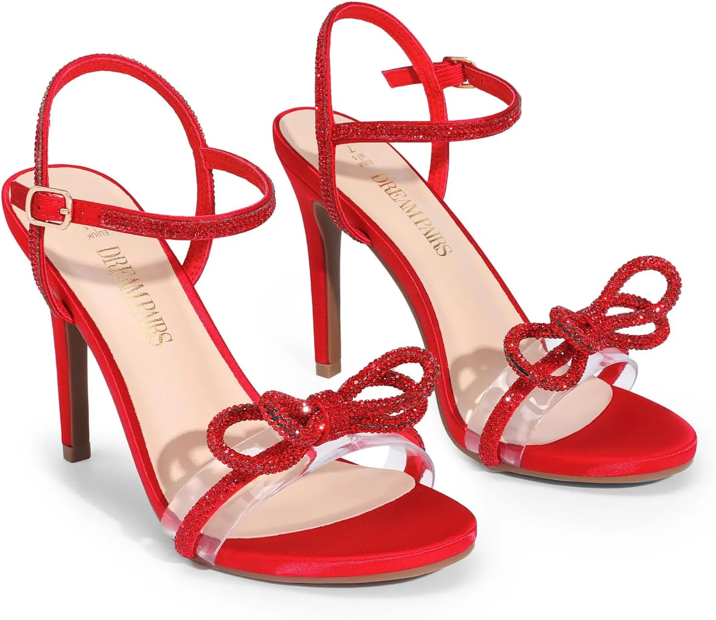 DREAM PAIRS Women's Heels Round Toe Rhinestone Double Bowknots Sparkly Stilettos Heeled Sandals Shoes for Party Evening