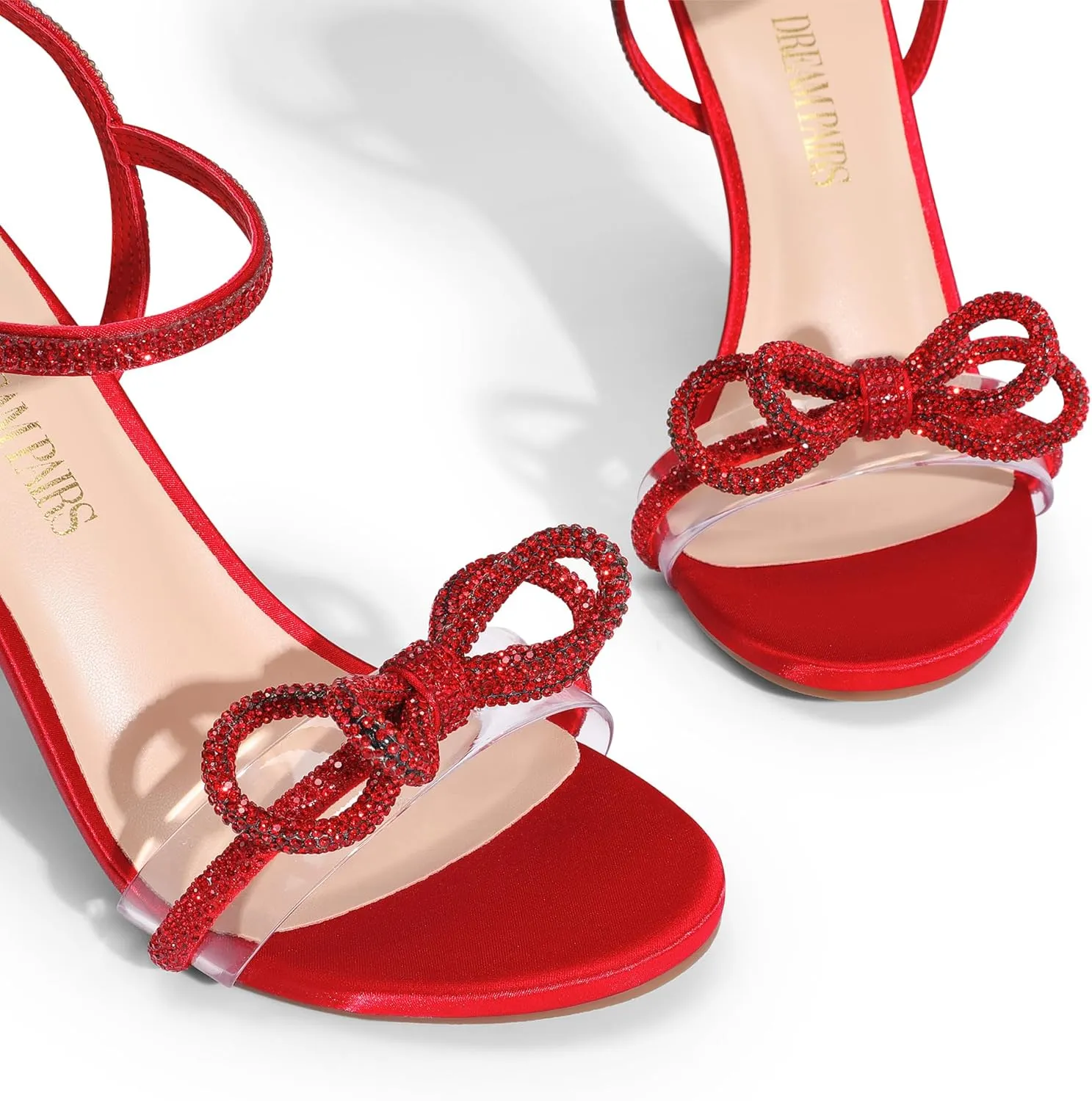 DREAM PAIRS Women's Heels Round Toe Rhinestone Double Bowknots Sparkly Stilettos Heeled Sandals Shoes for Party Evening