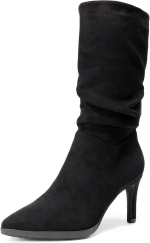 DREAM PAIRS Women's Mid Calf Slouchy Boots Pointed Toe Heeled Boots Zip Fashion Dressy Boot