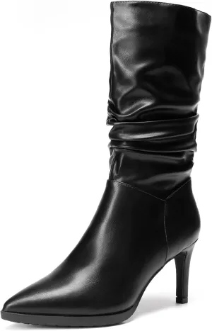 DREAM PAIRS Women's Mid Calf Slouchy Boots Pointed Toe Heeled Boots Zip Fashion Dressy Boot
