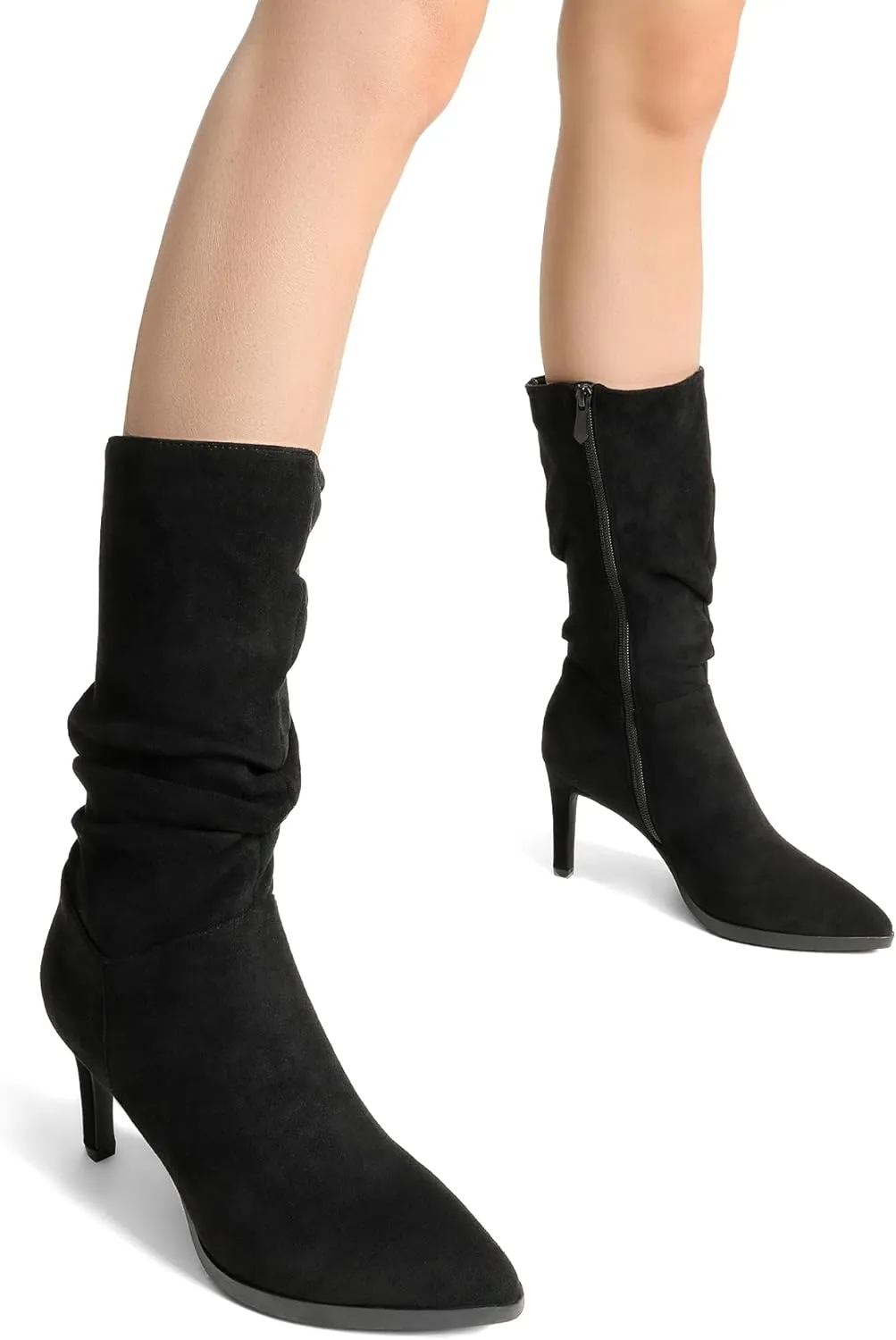 DREAM PAIRS Women's Mid Calf Slouchy Boots Pointed Toe Heeled Boots Zip Fashion Dressy Boot