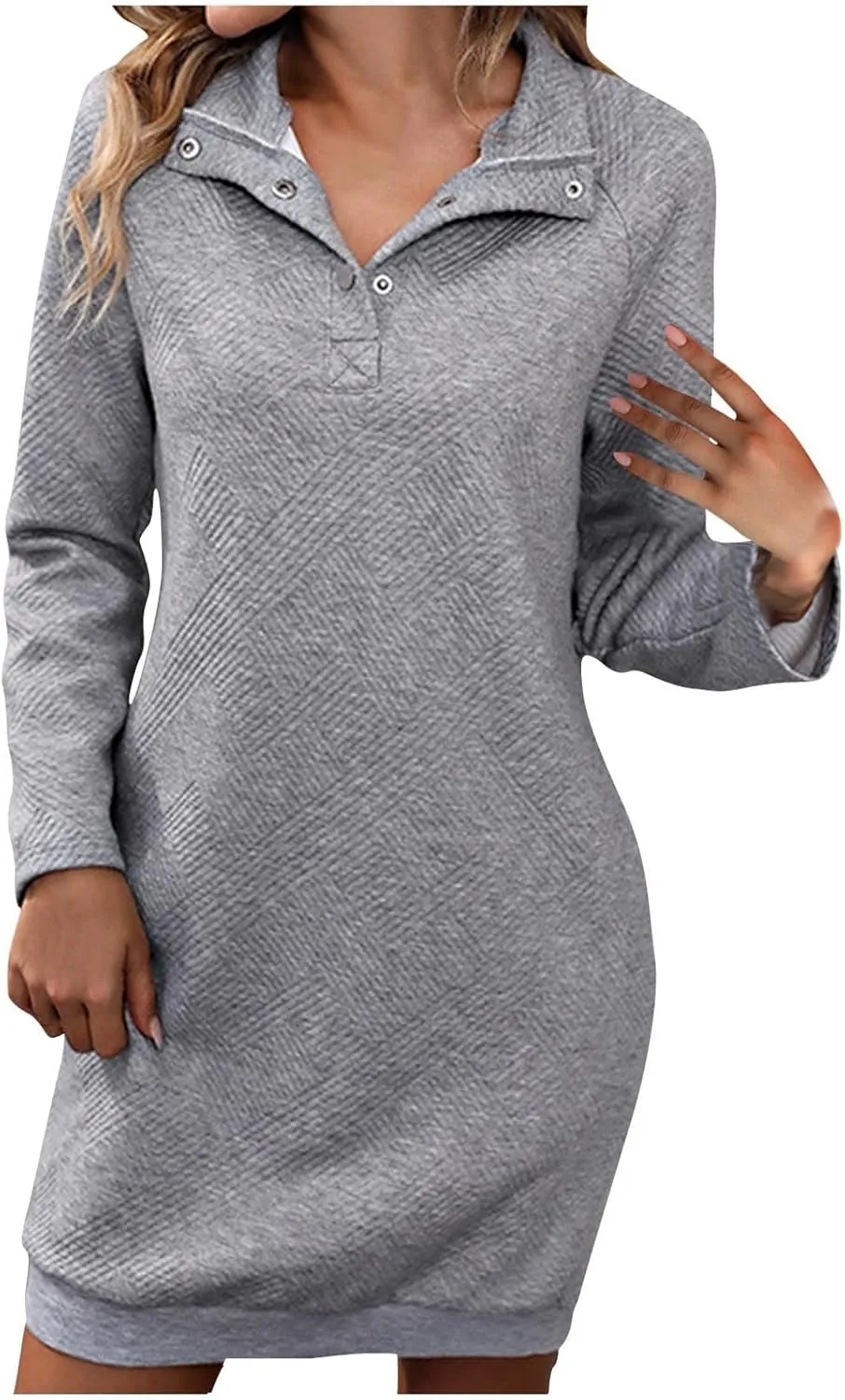 Dresses for Women Fall Winter V-Neck Rib Solid Button Down Slim Fit Dress Long Sleeve Pullover Outdoor Mini Dresses