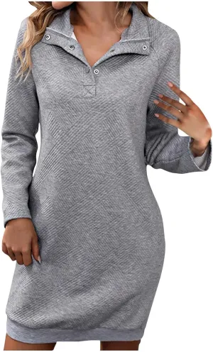 Dresses for Women Fall Winter V-Neck Rib Solid Button Down Slim Fit Dress Long Sleeve Pullover Outdoor Mini Dresses