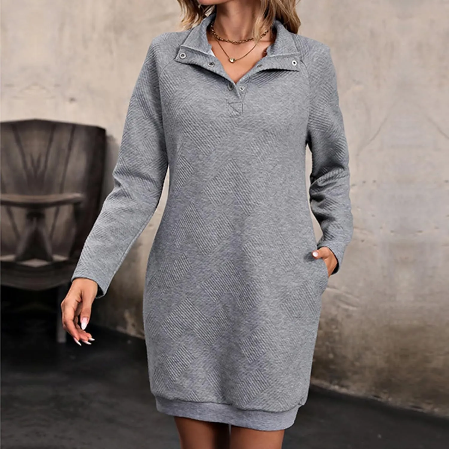 Dresses for Women Fall Winter V-Neck Rib Solid Button Down Slim Fit Dress Long Sleeve Pullover Outdoor Mini Dresses