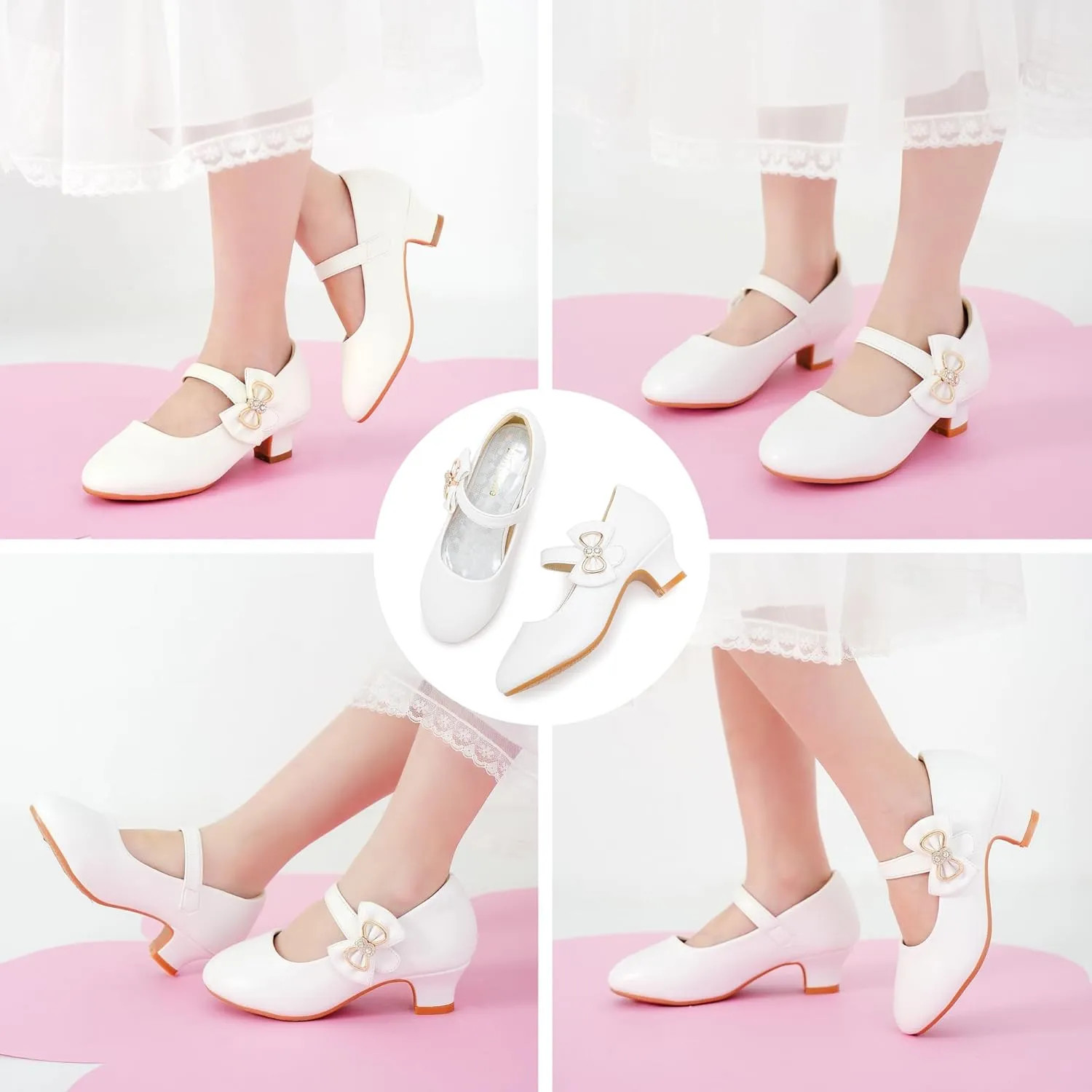Dufannie Girls Dress Shoes Low Heel Princess Flats Mary Jane Flower Wedding Party Glitter Shoes for Kids Toddler